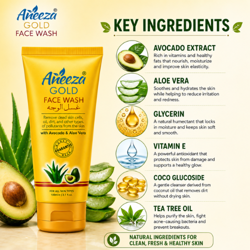 Aneeza Gold Face Wash | Avocado Oil & Aloe Vera Face Cleanser | 100ml